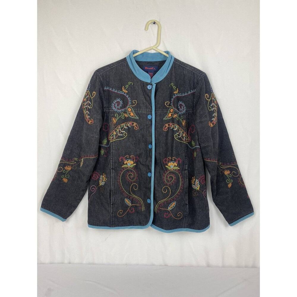 Denim & Co. Jacket Women's Medium Black‎ Paisley Print Cotton Button Embroidered